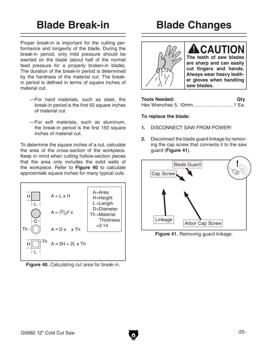 Grizzly G0682 owner manual Blade Break-in Blade Changes, To replace the blade, jVgY #, Ac`V\Z, 6gWdg8VeHXgZl 