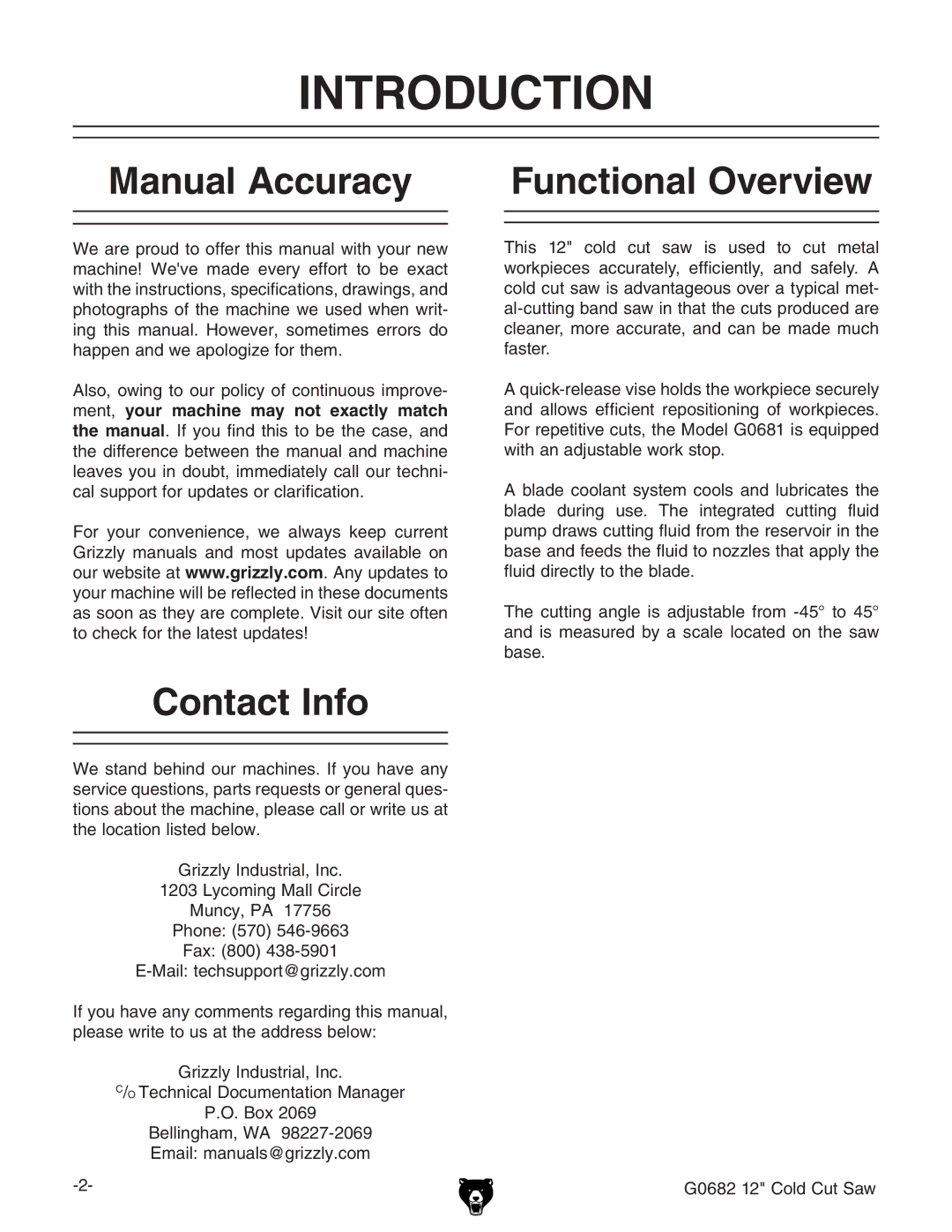 Grizzly G0682 owner manual Introduction, Manual Accuracy Functional Overview, Contact Info 