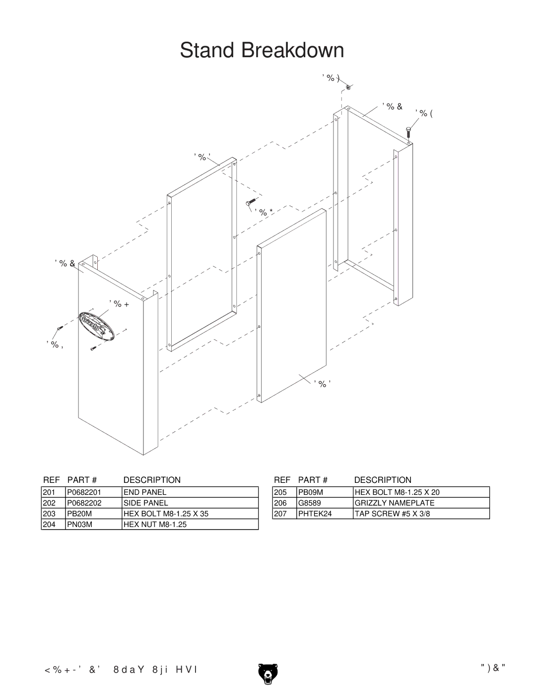 Grizzly G0682 owner manual Stand Breakdown 