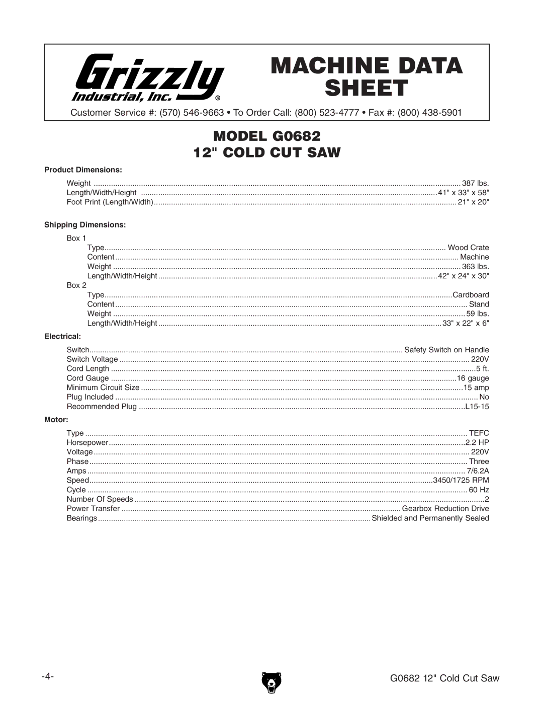 Grizzly G0682 owner manual Machine Data Sheet 