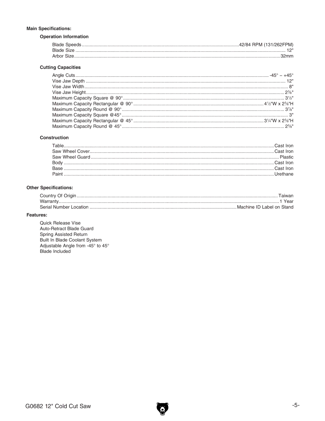 Grizzly G0682 owner manual +-&8daY8jiHVl, Main Specifications Operation Information 