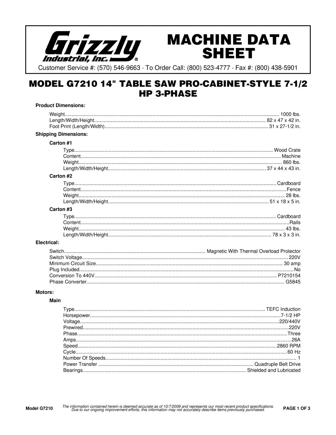 Grizzly G0688 specifications Product Dimensions, Shipping Dimensions Carton #1, Carton #2, Carton #3, Electrical 