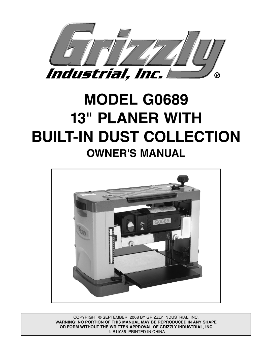 Grizzly owner manual Model G0689 Planer with BUILT-IN Dust Collection 