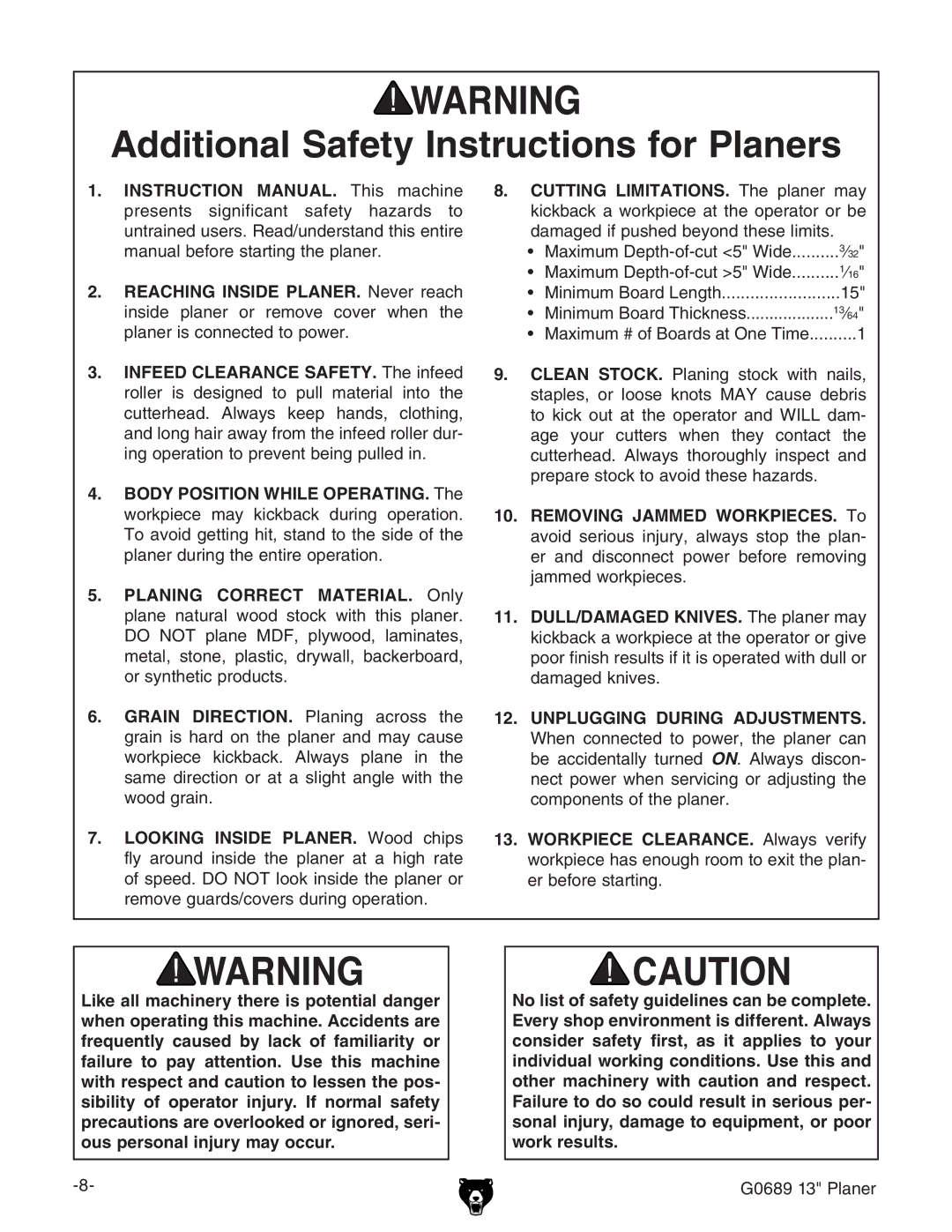 Grizzly G0689 owner manual Additional Safety Instructions for Planers, Unplugging during adjustments 