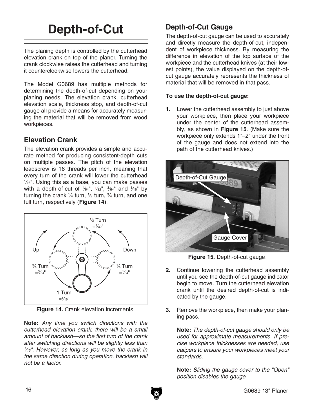 Grizzly G0689 owner manual Depth-of-Cut, Elevation Crank 