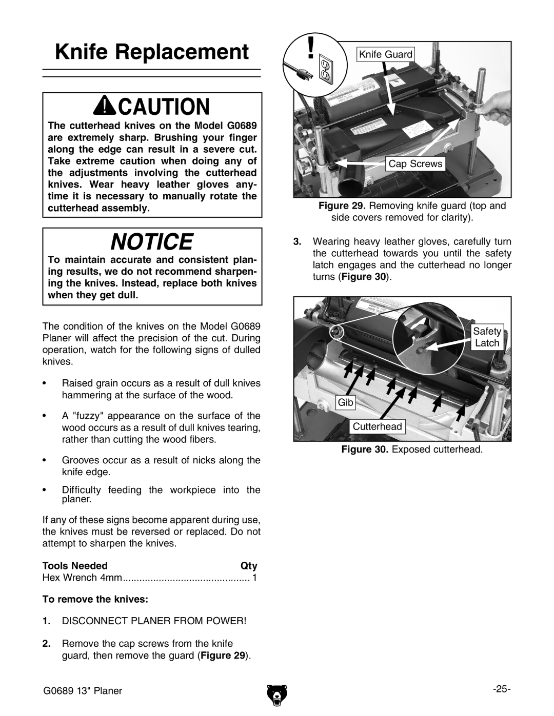 Grizzly G0689 owner manual Knife Replacement, Tools Needed Qty, To remove the knives 