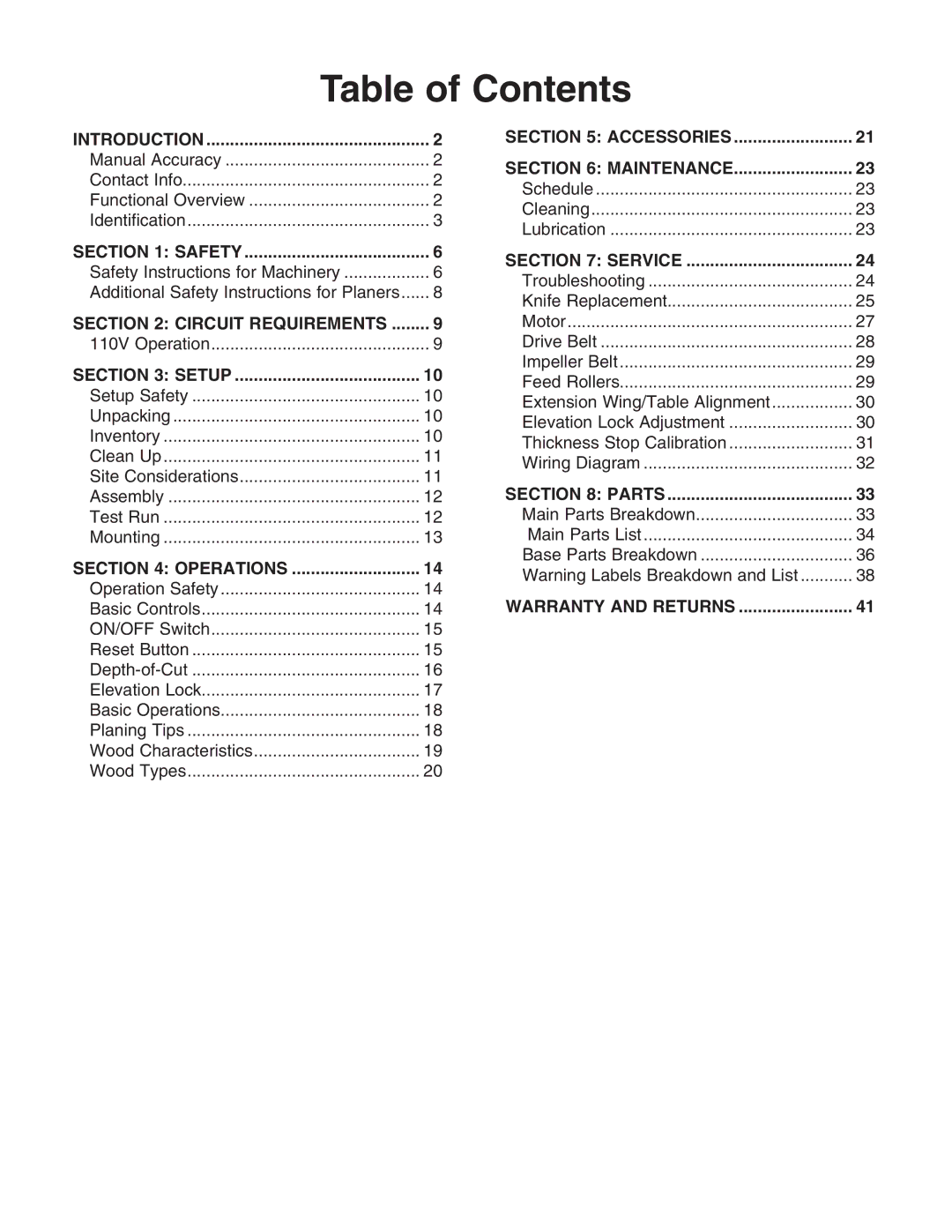 Grizzly G0689 owner manual Table of Contents 