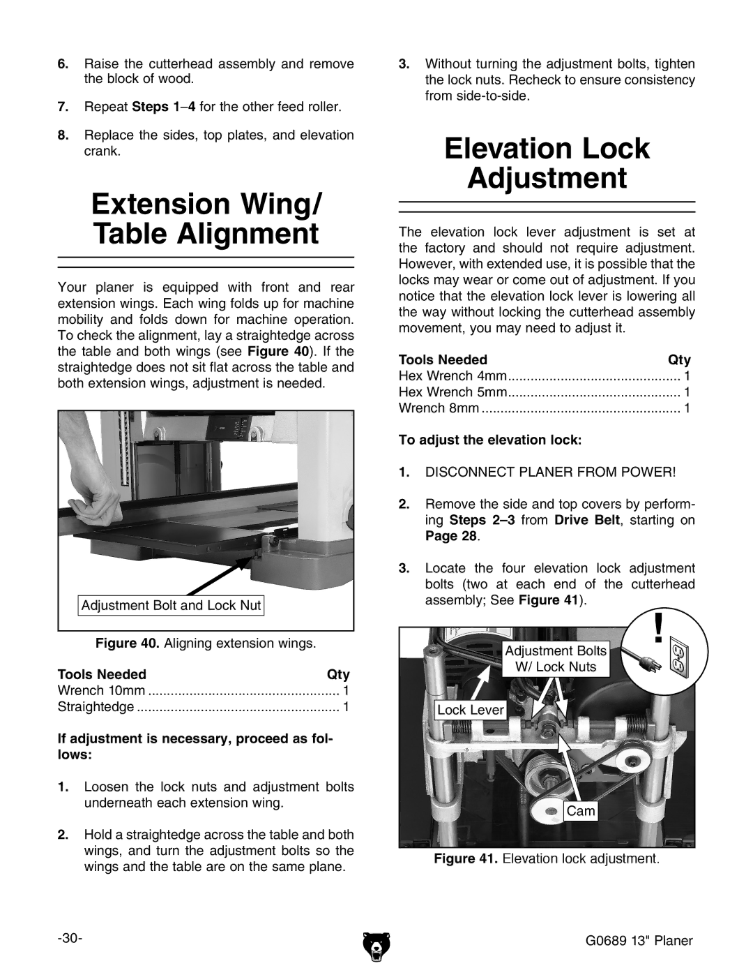 Grizzly G0689 Extension Wing/ Table Alignment, Elevation Lock Adjustment, If adjustment is necessary, proceed as fol- lows 