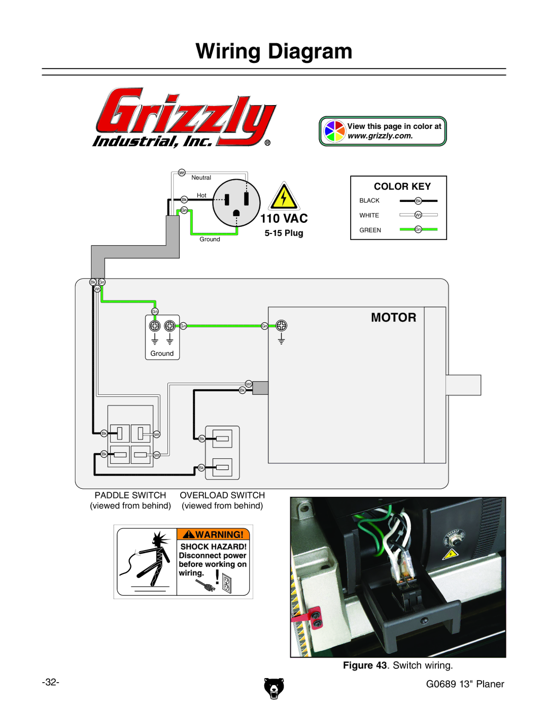 Grizzly owner manual Wiring Diagram, Switch wiring G0689 13 Planer 