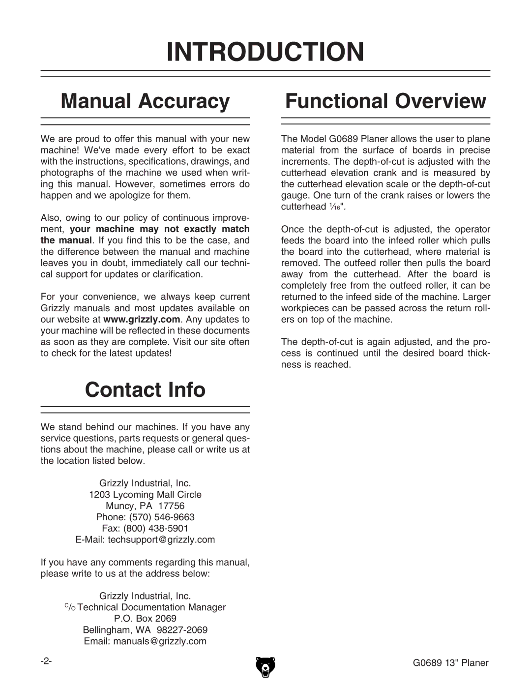 Grizzly G0689 owner manual Introduction, Manual Accuracy Functional Overview, Contact Info 