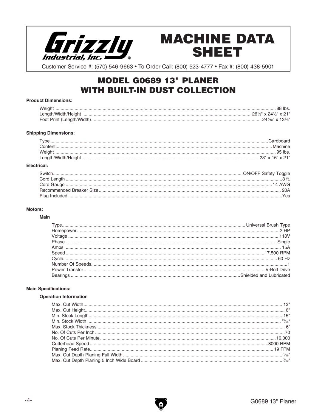 Grizzly owner manual Machine Data Sheet, G0689 13 Planer 