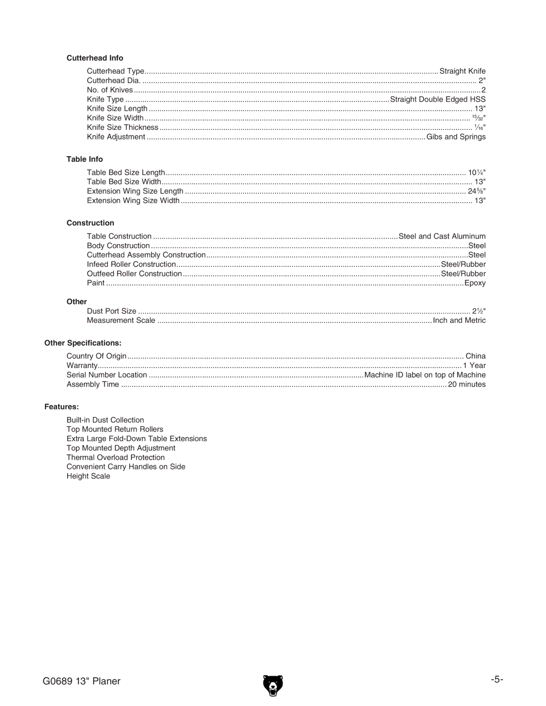 Grizzly owner manual Model G0689 