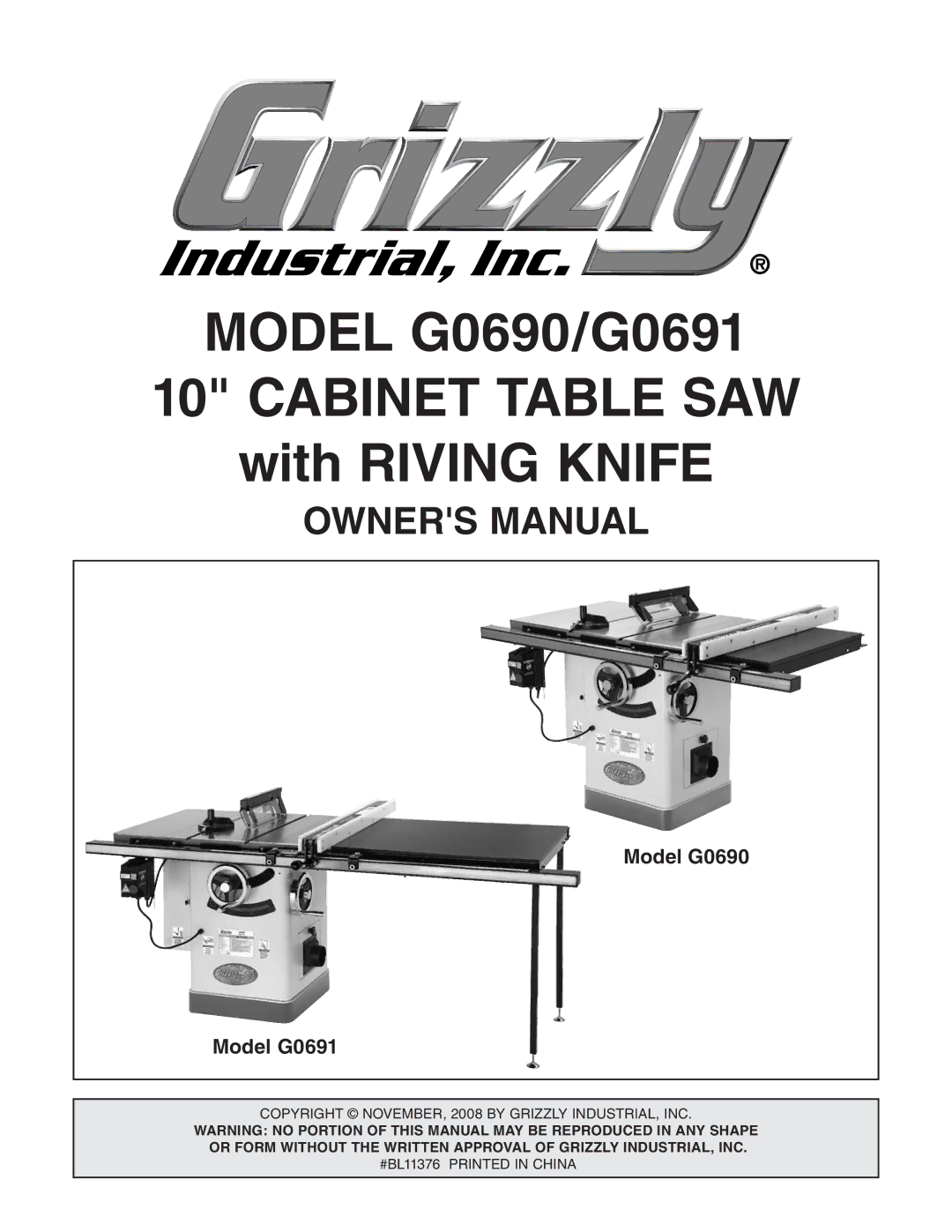 Grizzly G0690 owner manual Cabinet Table SAW 