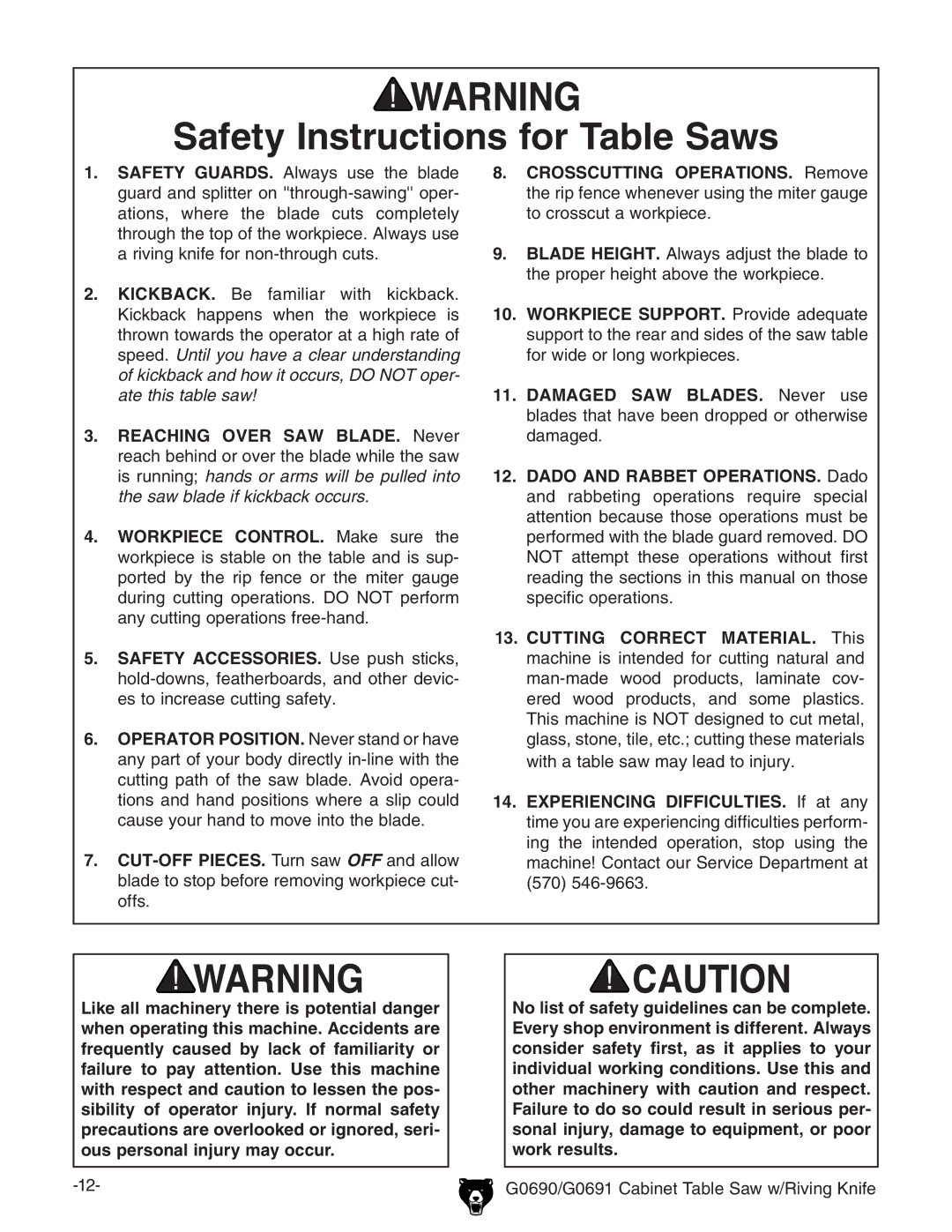 Grizzly G0690 owner manual Safety Instructions for Table Saws 