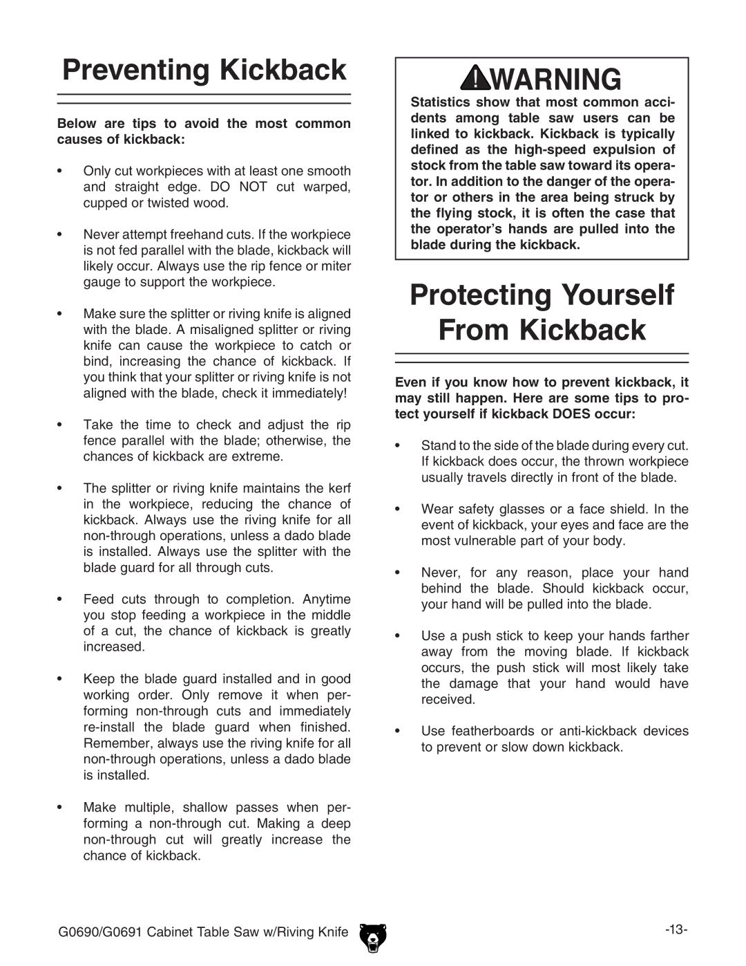 Grizzly G0690 owner manual Preventing Kickback, Protecting Yourself From Kickback 