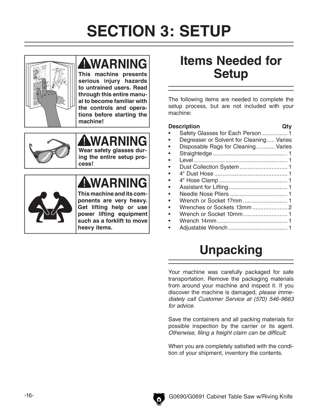 Grizzly G0690 owner manual Items Needed for Setup, Unpacking, Description Qty 