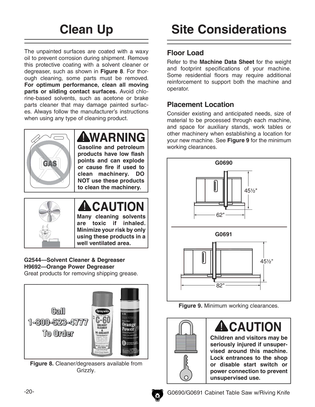 Grizzly owner manual Clean Up, Site Considerations, Floor Load, Placement Location, G0690 G0691 