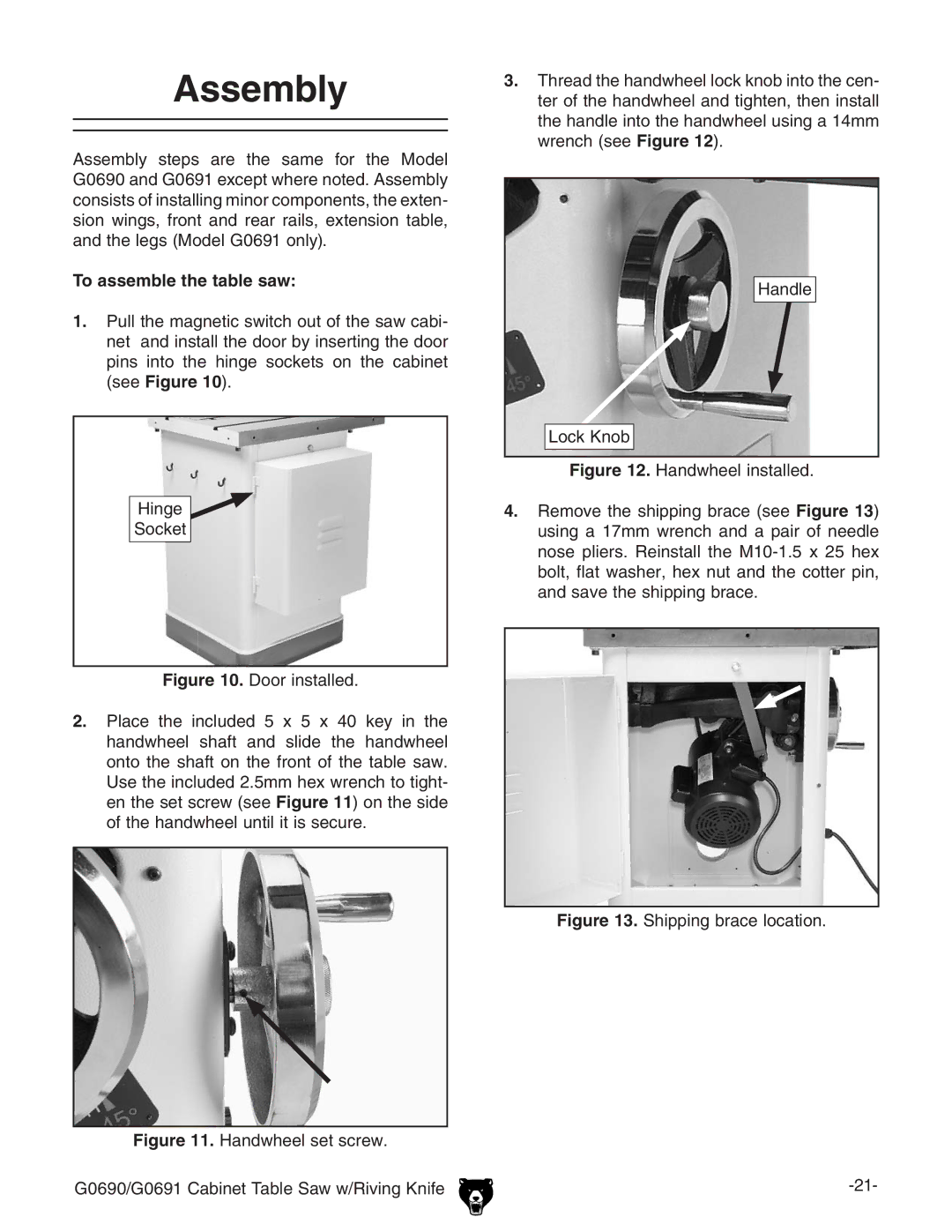 Grizzly G0690 owner manual Assembly, To assemble the table saw, =c\Z HdX`Zi, =VcYaZ AdX`@cdW 