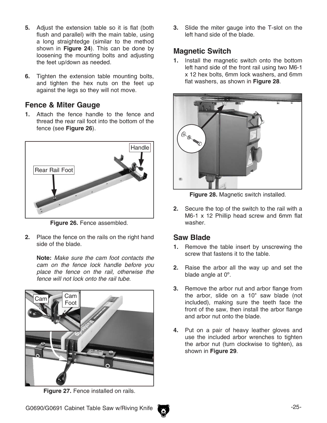 Grizzly G0690 owner manual Fence & Miter Gauge, Magnetic Switch, Saw Blade, =VcYaZ GZVgGVaddi, 8Vb Ddi 