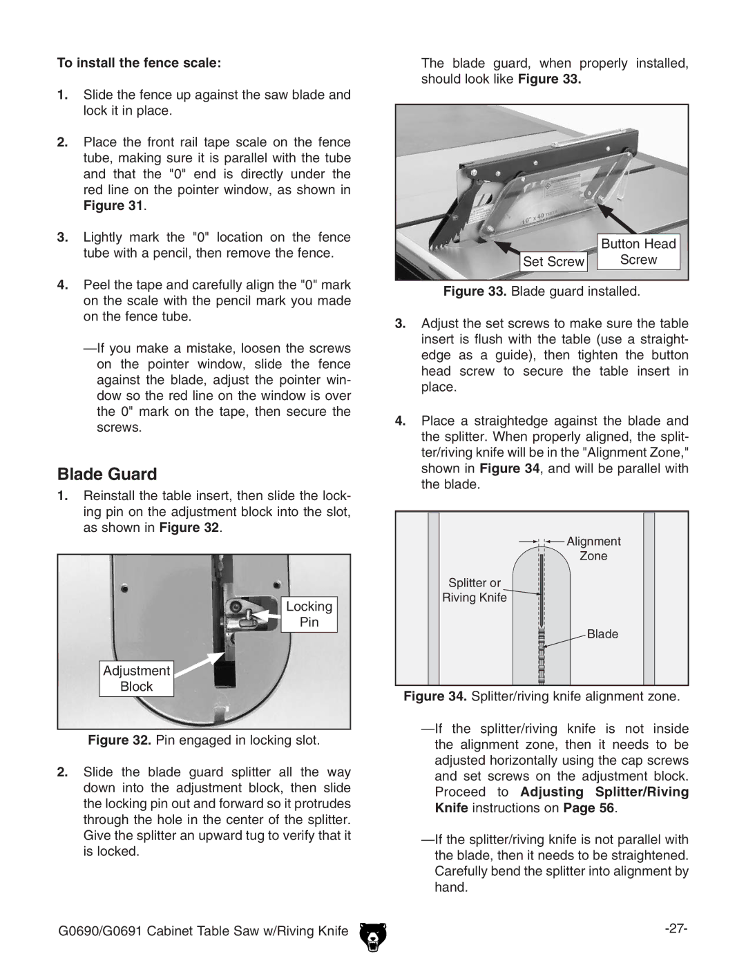 Grizzly G0690 owner manual Blade Guard, To install the fence scale, Vhhdlcc # AdX`c\ 6YjhibZci 7adX`, HZiHXgZl HXgZl 