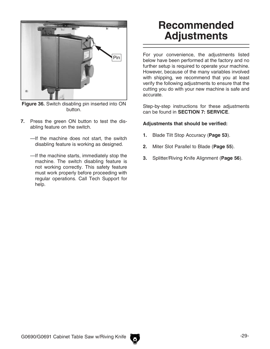 Grizzly G0690 owner manual Recommended Adjustments, Adjustments that should be verified 