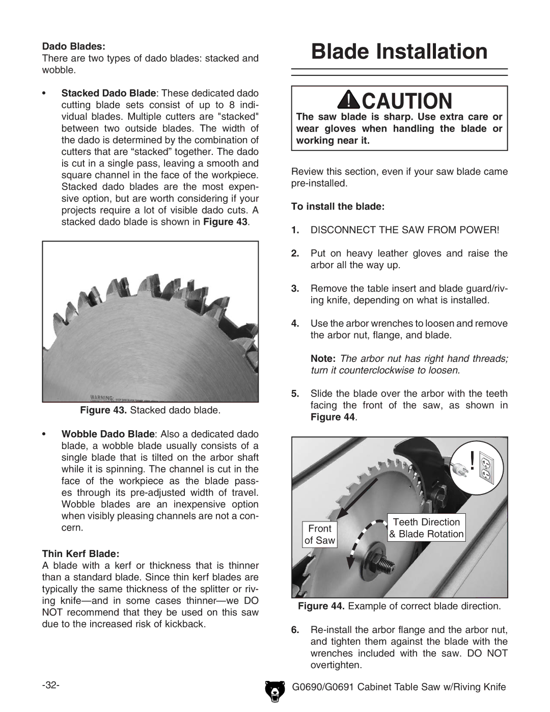 Grizzly G0690 owner manual Blade Installation, Dado Blades, Thin Kerf Blade, To install the blade 