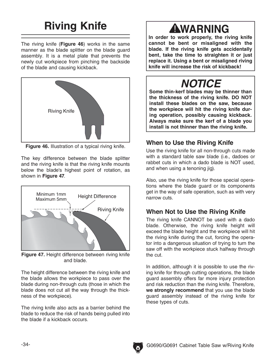 Grizzly G0690 When to Use the Riving Knife, When Not to Use the Riving Knife, Gkc\@cZ, Bcbjb&bb =Z\i9ZgZcXZ 