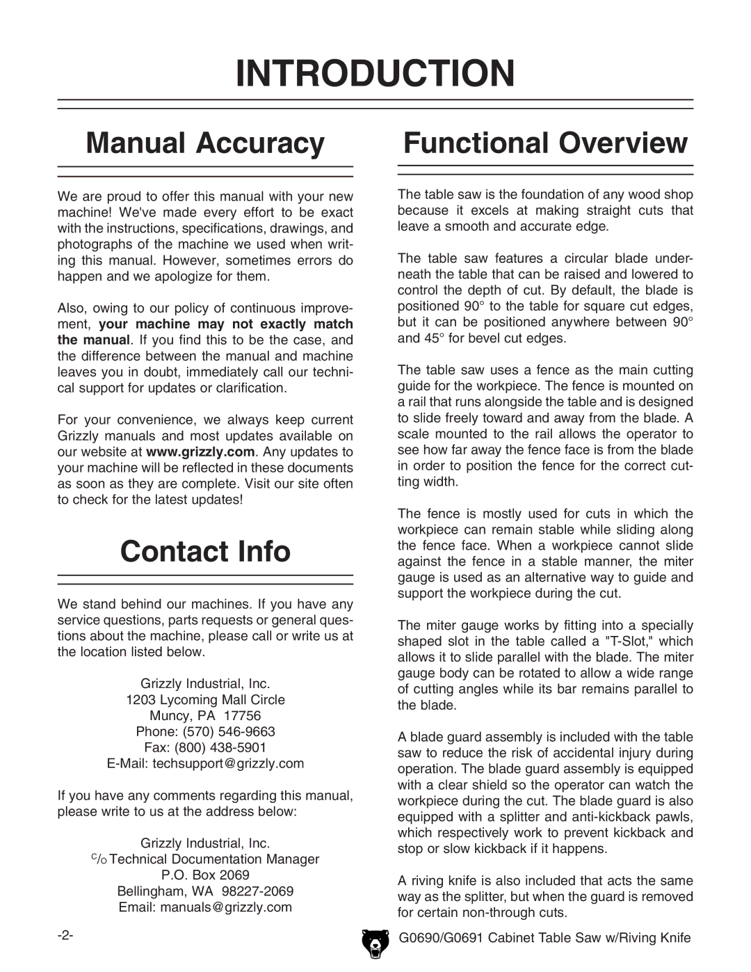 Grizzly G0690 Introduction, Manual Accuracy Functional Overview, Contact Info, +.%$%+.&8VWcZiIVWaZHVll$Gkc\@cZ 