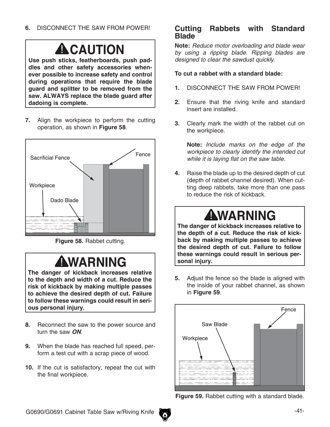 Grizzly G0690 owner manual Cutting Rabbets with Standard Blade 