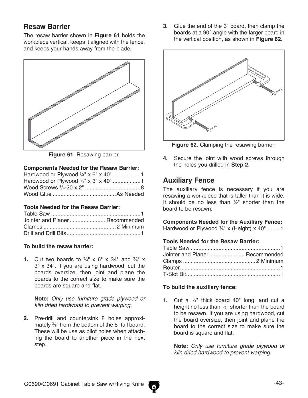 Grizzly G0690 owner manual Resaw Barrier, Auxiliary Fence 