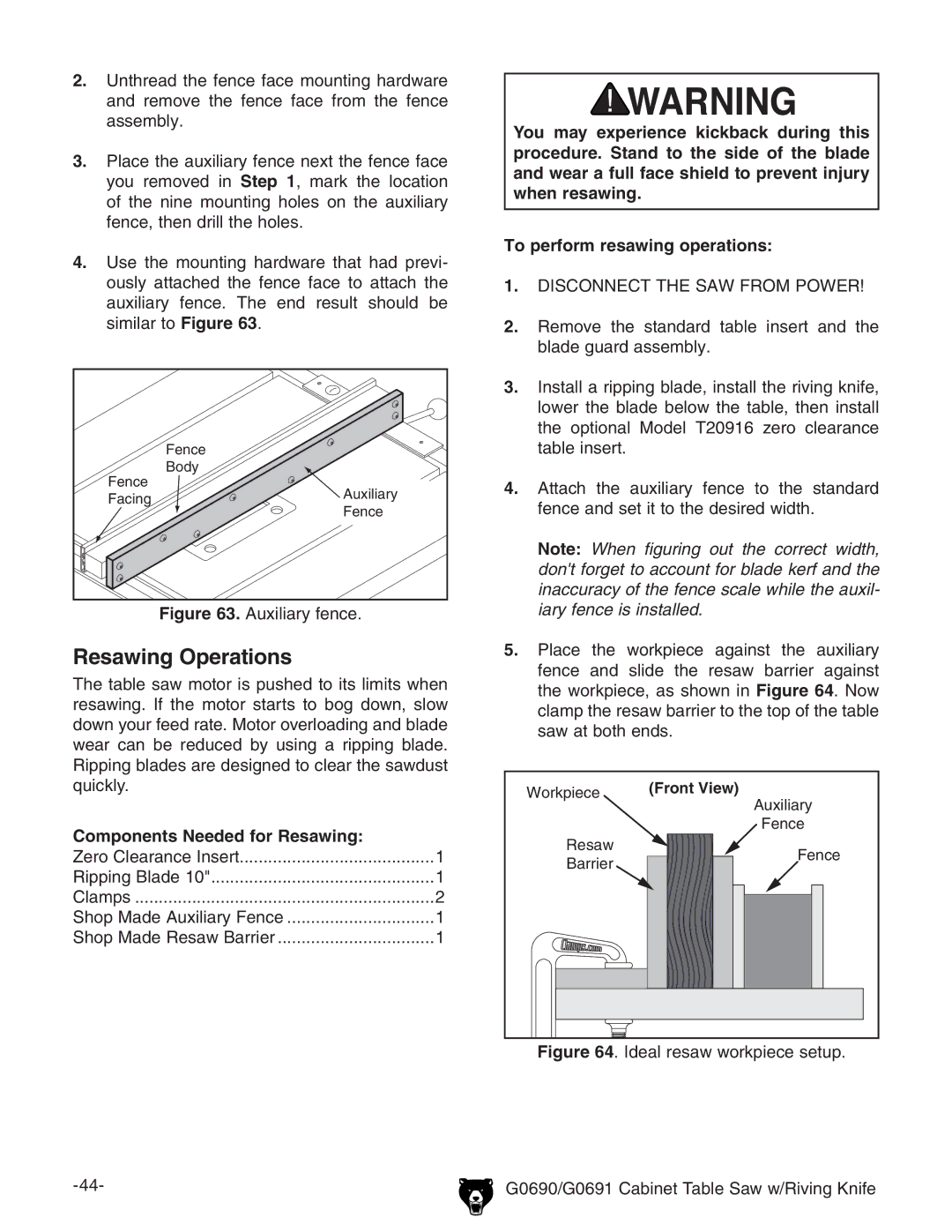 Grizzly G0690 owner manual Resawing Operations, To perform resawing operations, Components Needed for Resawing 