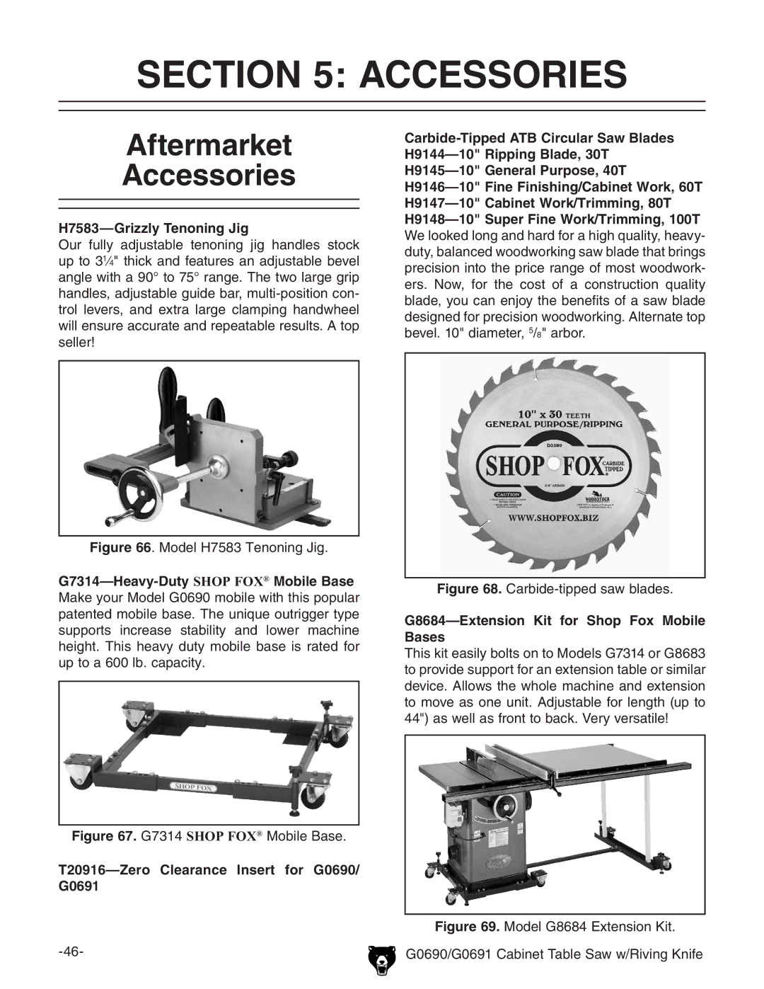 Grizzly Aftermarket Accessories, H7583-Grizzly Tenoning Jig, T20916-Zero Clearance Insert for G0690/ G0691 