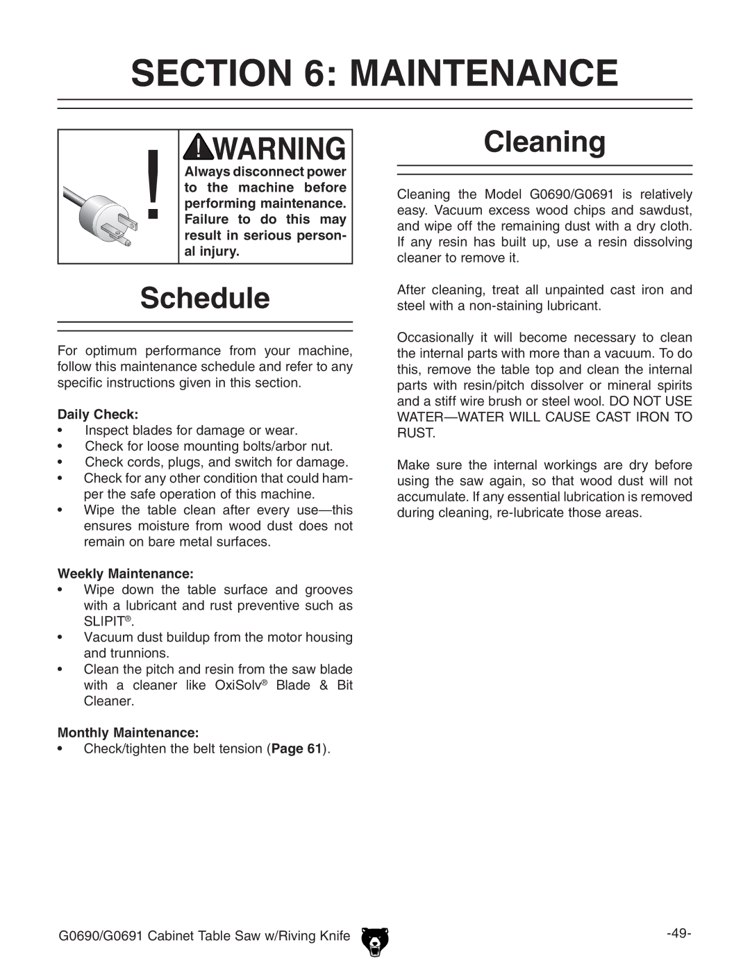 Grizzly G0690 owner manual Maintenance, Schedule, Cleaning 