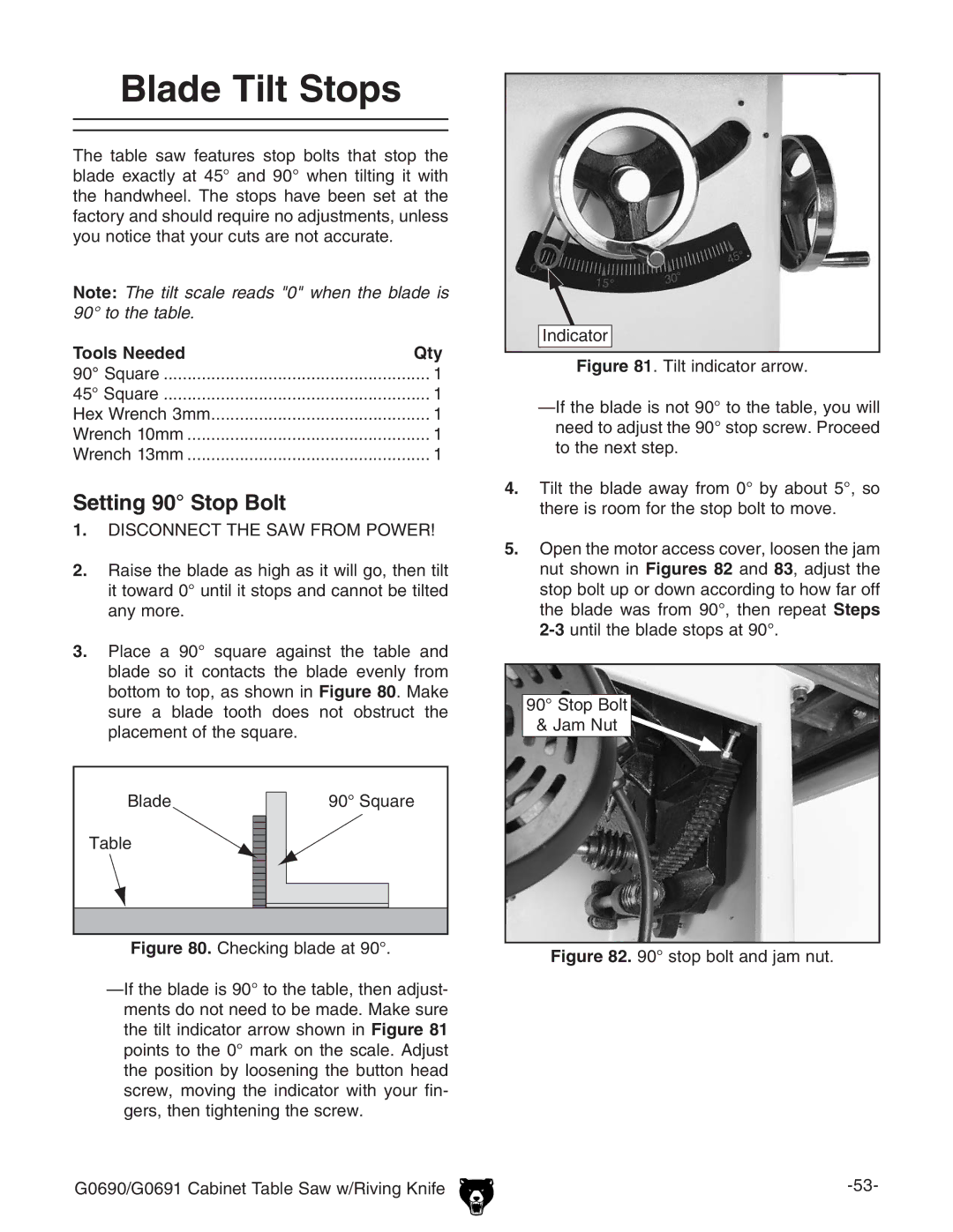 Grizzly G0690 owner manual Blade Tilt Stops, Setting 90 Stop Bolt, Tools Needed Qty 