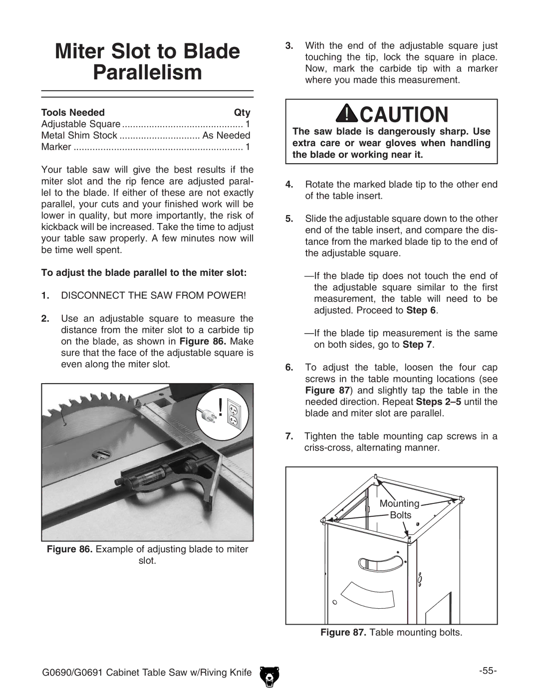 Grizzly G0690 owner manual Miter Slot to Blade Parallelism, Tools NeededQty, To adjust the blade parallel to the miter slot 