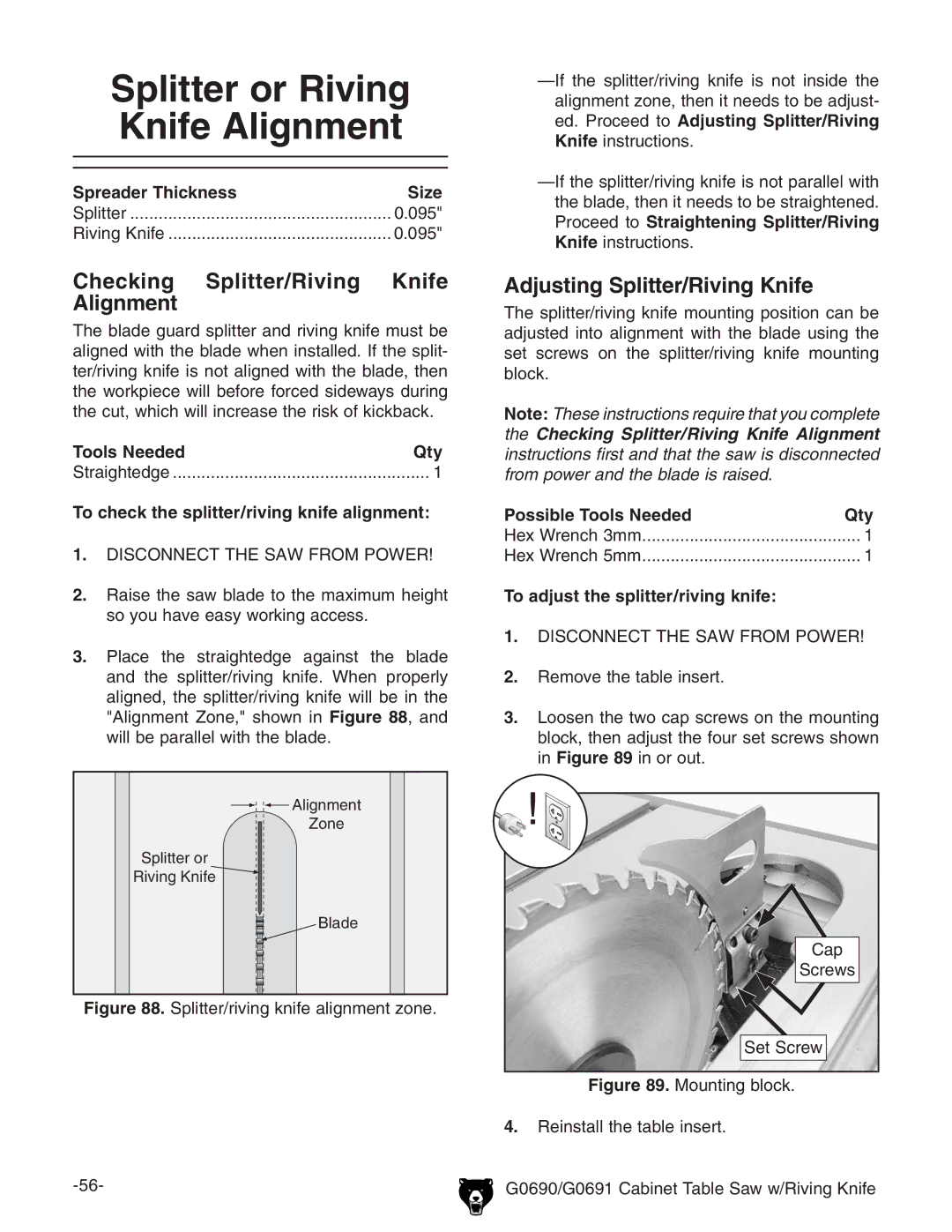 Grizzly G0690 owner manual Splitter or Riving Knife Alignment, Checking Splitter/Riving Knife Alignment 