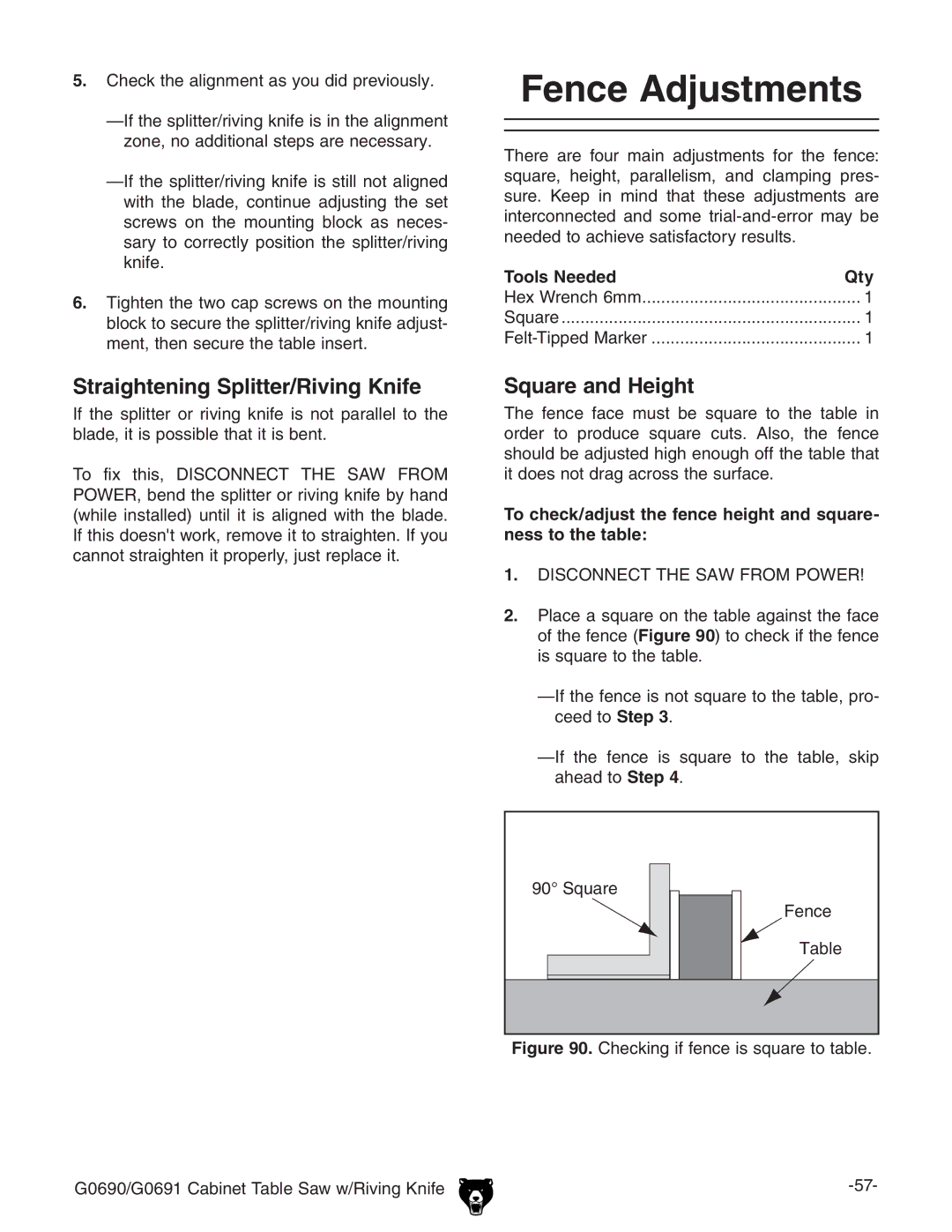 Grizzly G0690 owner manual Fence Adjustments, Straightening Splitter/Riving Knife, Square and Height 