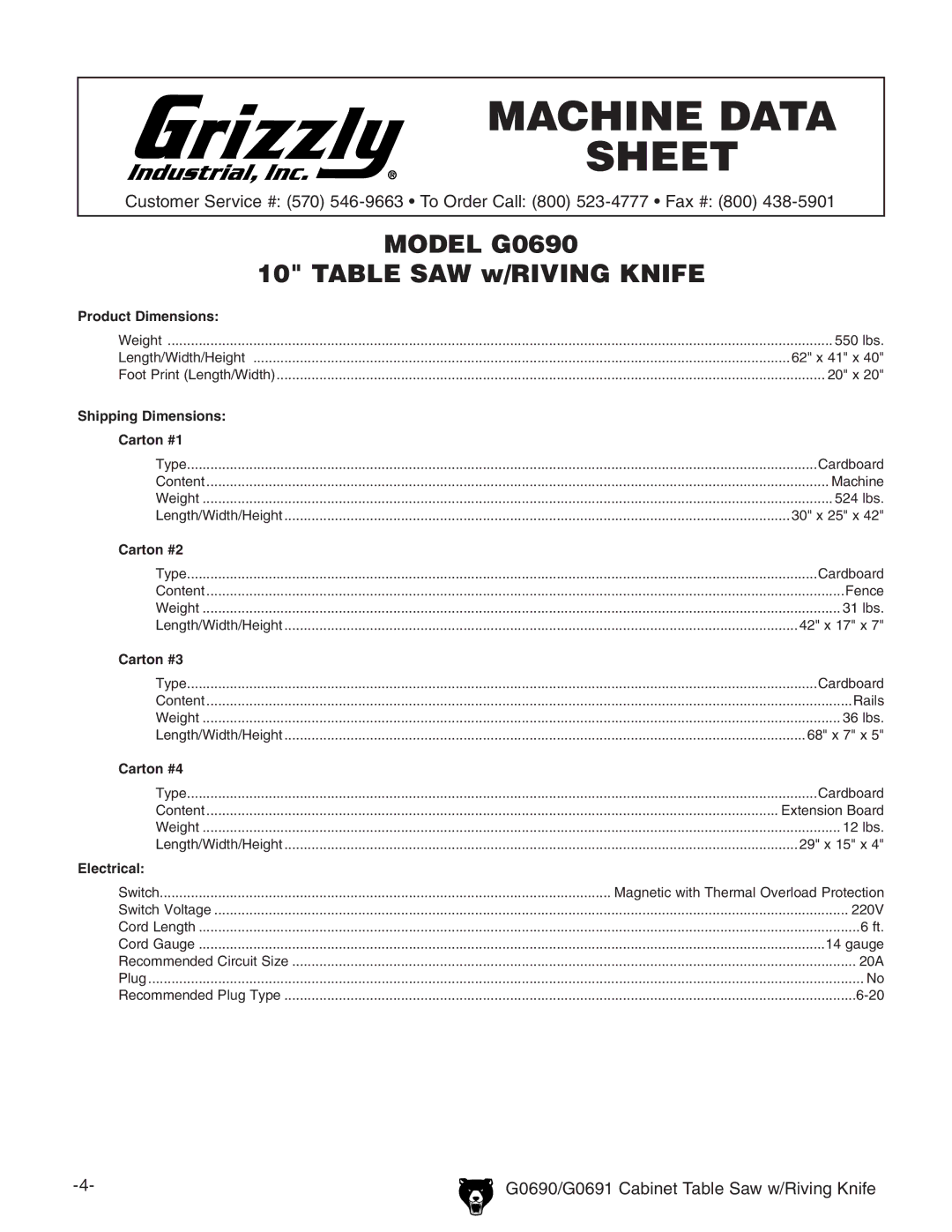 Grizzly G0690 owner manual Machine Data Sheet 