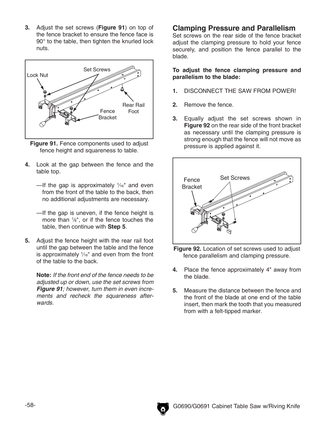 Grizzly G0690 owner manual Clamping Pressure and Parallelism 