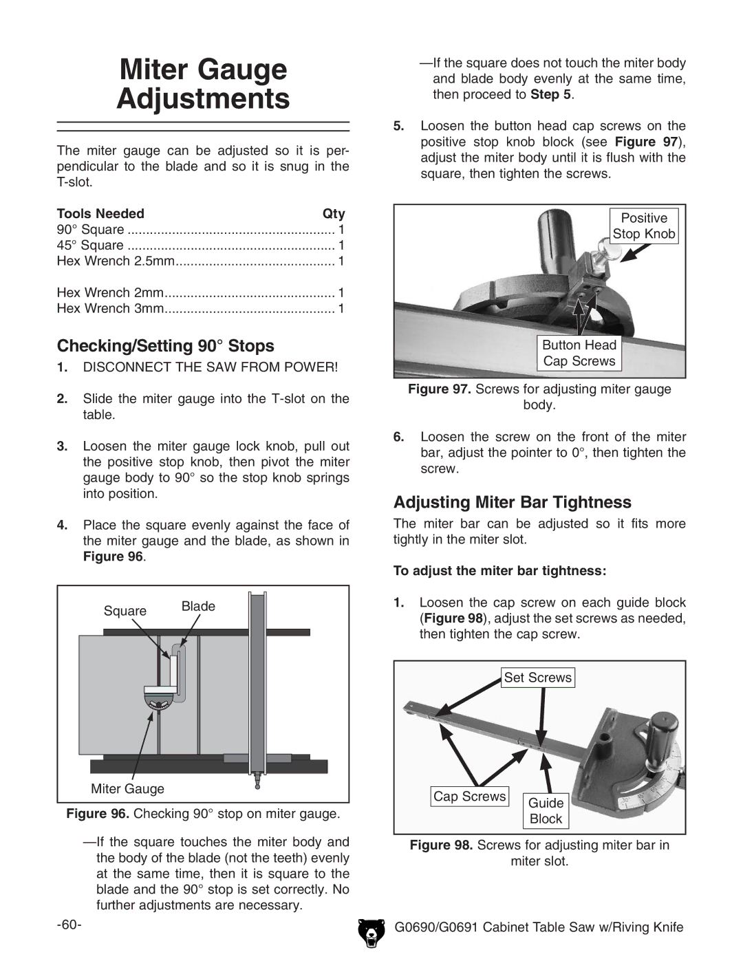 Grizzly G0690 owner manual Checking/Setting 90 Stops, Adjusting Miter Bar Tightness, To adjust the miter bar tightness 