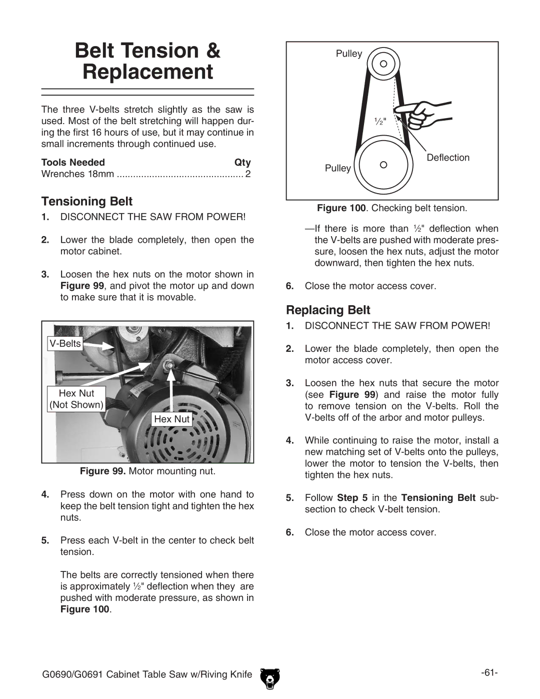 Grizzly G0690 owner manual Belt Tension Replacement, Tensioning Belt, Replacing Belt 