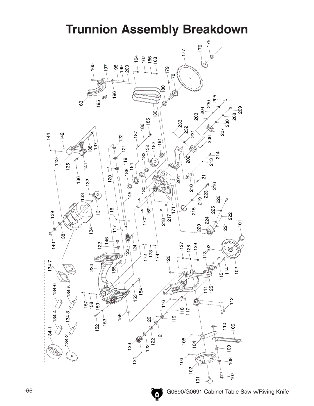 Grizzly G0690 owner manual Trunnion Assembly, Breakdown, 8VWcZiIVWaZHVll$Gkc\@cZ 