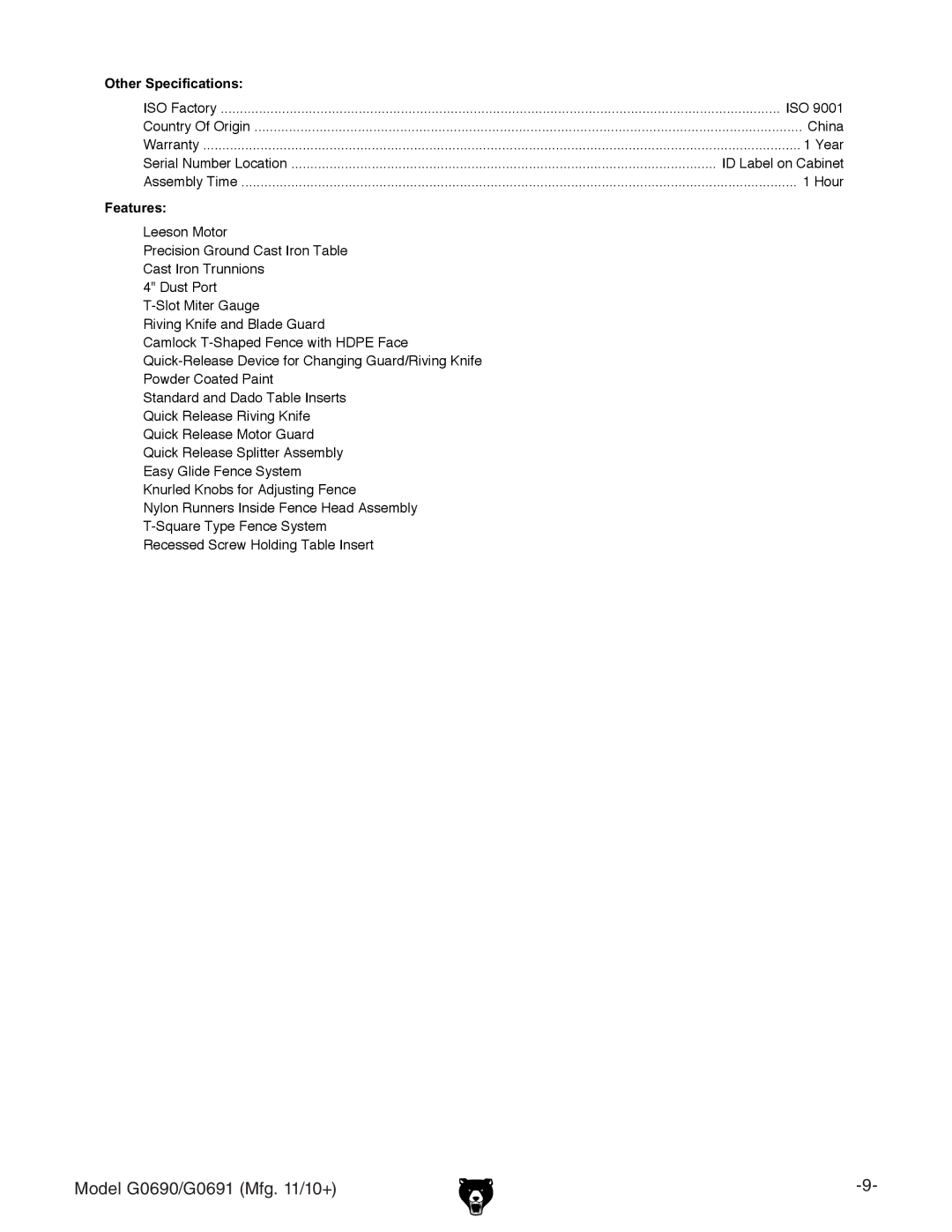 Grizzly G0690, G0691 owner manual Other Specifications 