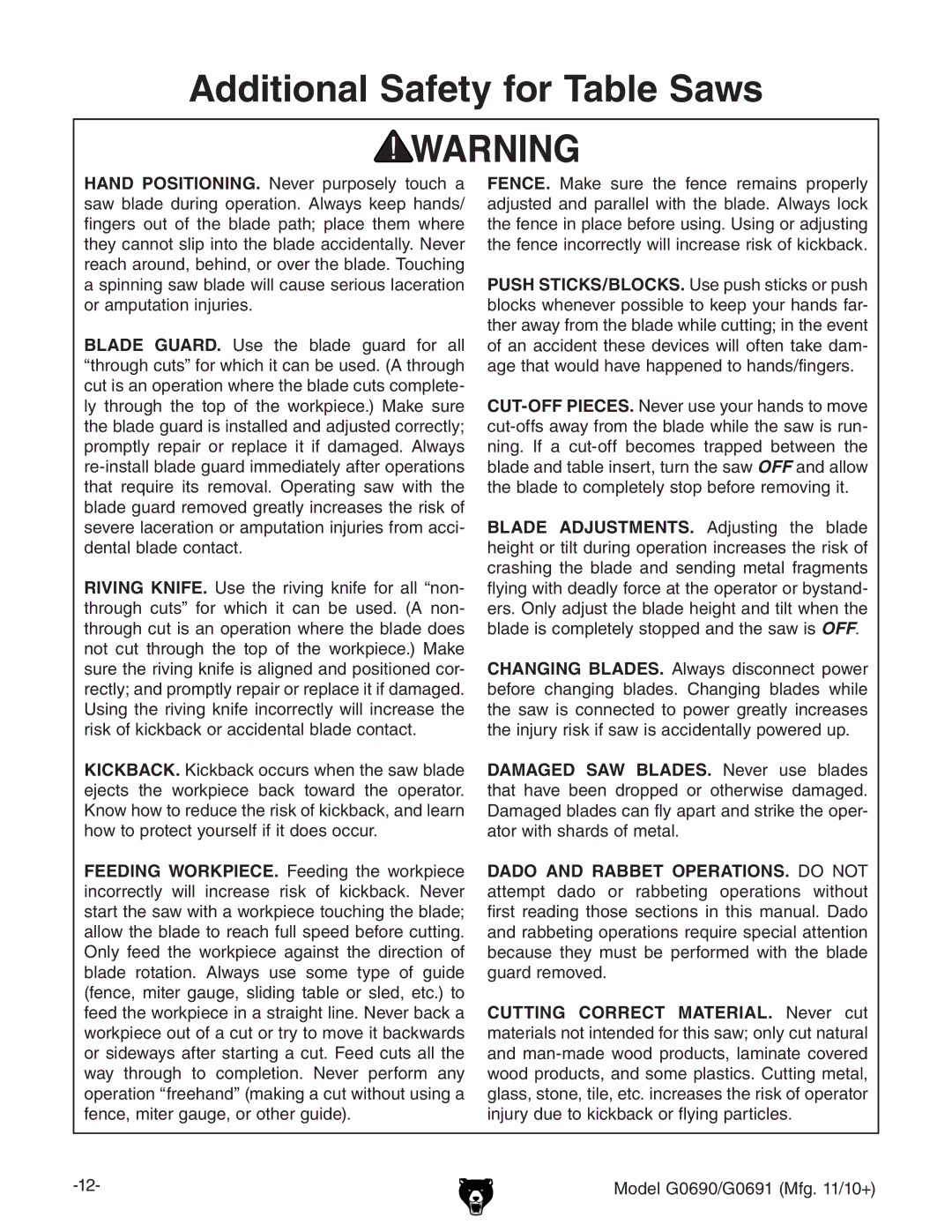 Grizzly G0691, G0690 owner manual Additional Safety for Table Saws, Cutting Correct MATERIAL. CZkZg Xji 