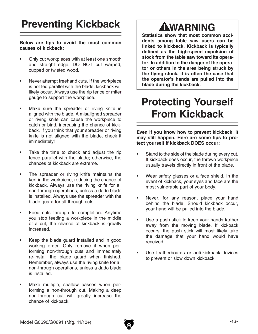 Grizzly G0690, G0691 owner manual Preventing Kickback, Protecting Yourself From Kickback 