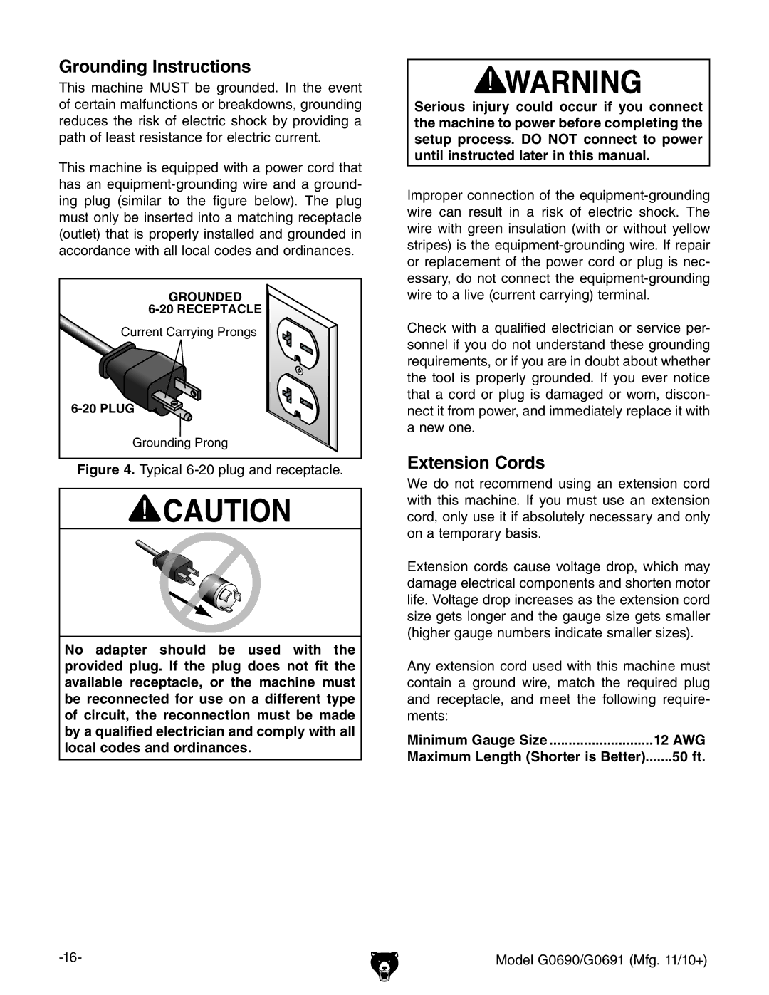 Grizzly G0691, G0690 owner manual Grounding Instructions, Extension Cords, Minimum Gauge Size 12 AWG, 50 ft 