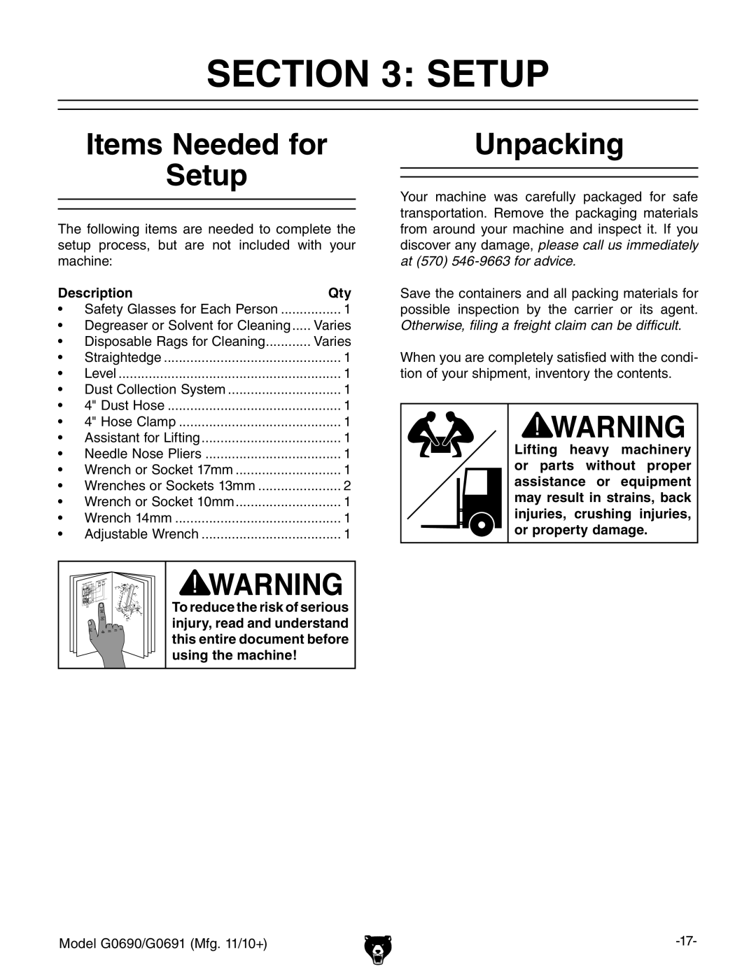 Grizzly G0690, G0691 owner manual Items Needed for Setup, Unpacking, Description Qty 