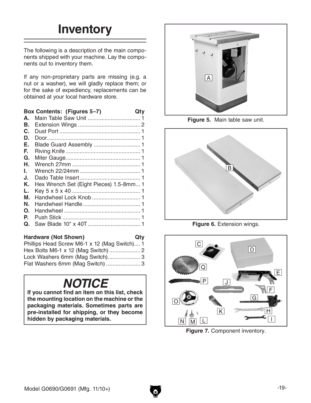 Grizzly G0690, G0691 Inventory, CZcihdjiidckZcidgniZb#, Box Contents Figures Qty, Hex Wrench Set Eight Pieces 1.5-8mm 