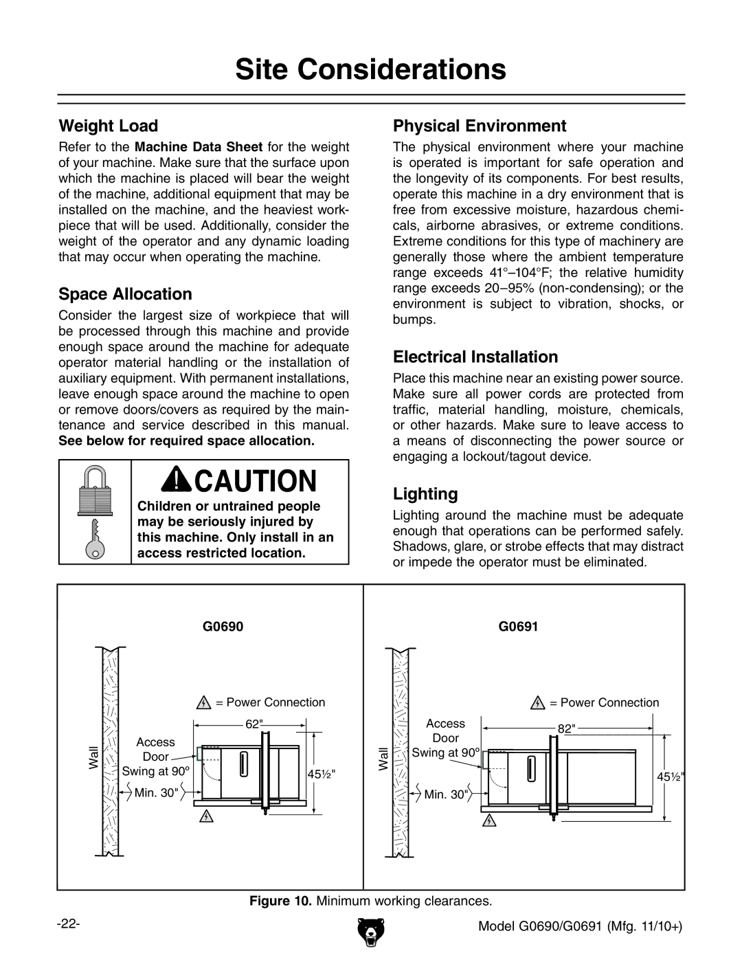 Grizzly G0691, G0690 owner manual Site Considerations 