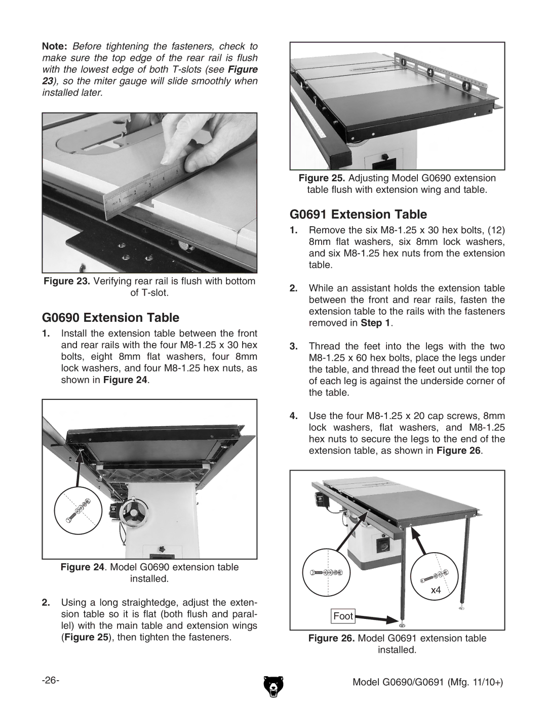 Grizzly owner manual G0690 Extension Table, G0691 Extension Table 